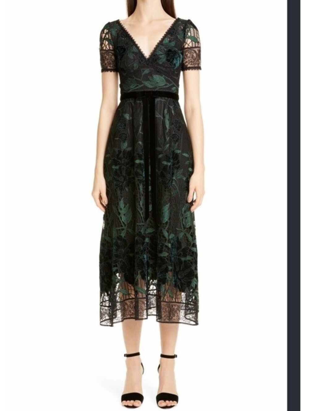 NWT MARCHESA NOTTE Short Sleeve Velvet Lace Guipure Midi Dress. Size 12. $795